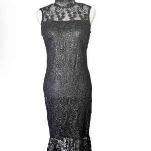 NWT Calvin Klein Black Sleeveless Mock Neck Lace Sequins midi Illusion dress.